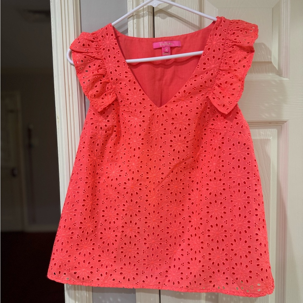 Lilly Pulitzer M Lina Eyelet Top Spicy Coral Pink Neon Sunburst Medium like new